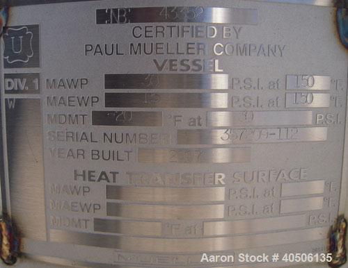 Unused- Mueller Pressure Tank, 50 Gallon, Model "F", 304L stainless steel, vertical. 17 1/2" diameter, 47" straight side, dished top and bottom. Internal rated 30 psi at 150 deg F and -20 deg F at 30...