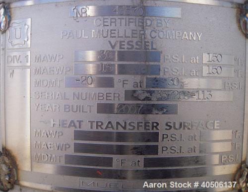 Unused- Mueller Pressure Tank, 50 Gallon, Model "F", 304L stainless steel, vertical. 17 1/2" diameter 47" straight side, dished top and bottom. Internal rated 30 psi at 150 deg F, and -20 deg F at 30...