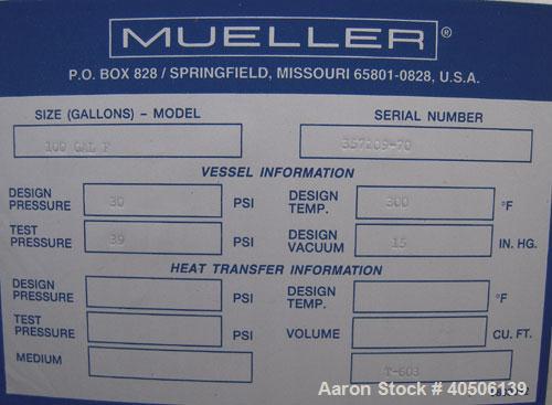 Unused- Mueller Pressure Tank, 100 Gallon, Model "F", 304L Stainless steel, Vertical. 36" diameter 30" straight side, dished top and bottom. Internal rated 30 psi at 300 deg.f., and -20 deg.f. at 30 ...