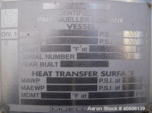 Unused- Mueller Pressure Tank, 100 Gallon, Model "F", 304L Stainless steel, Vertical. 36" diameter 30" straight side, dished top and bottom. Internal rated 30 psi at 300 deg.f., and -20 deg.f. at 30 ...