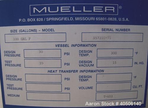 Unused- Mueller Pressure Tank, 100 Gallon, Model "F", 304L Stainless steel, Vertical. 36" diameter 30" straight side, dished top and bottom. Internal rated 30 psi at 300 deg.f., and -20 deg.f. at 30 ...