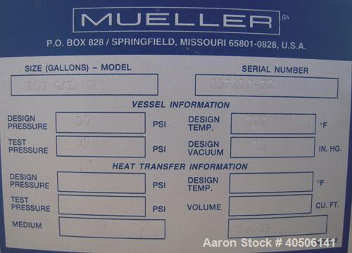 Unused- Mueller Pressure Tank, 100 Gallon, Model "F", 304L Stainless steel, Vertical. 36" diameter 30" straight side, dished top and bottom. Internal rated 30 psi at 300 deg.f., and -20 deg.f. at 30 ...