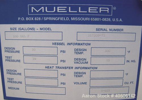 Unused- Mueller Pressure Tank, 100 Gallon, Model "F", 304L Stainless steel, Vertical. 36" diameter 30" straight side, dished top and bottom. Internal rated 30 psi at 300 deg.f., and -20 deg.f. at 30 ...