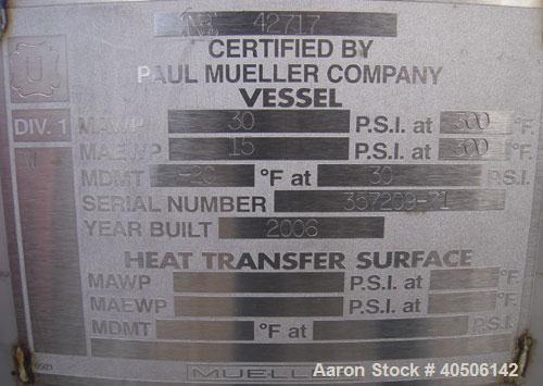 Unused- Mueller Pressure Tank, 100 Gallon, Model "F", 304L Stainless steel, Vertical. 36" diameter 30" straight side, dished top and bottom. Internal rated 30 psi at 300 deg.f., and -20 deg.f. at 30 ...