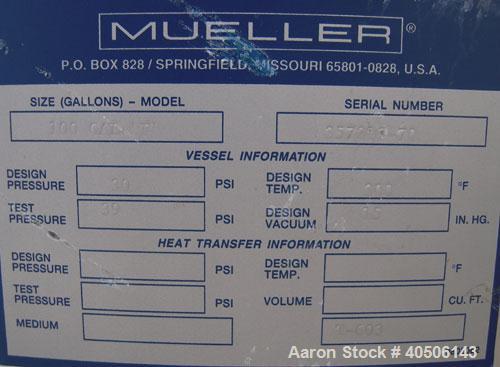 Unused- Mueller Pressure Tank, 100 Gallon, Model "F", 304L Stainless steel, Vertical. 36" diameter 30" straight side, dished top and bottom. Internal rated 30 psi at 300 deg.f., and -20 deg.f. at 30 ...