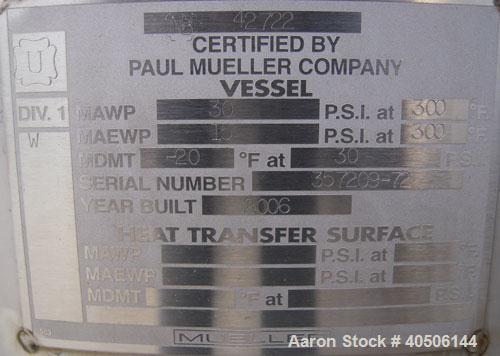 Unused- Mueller Pressure Tank, 100 Gallon, Model "F", 304L Stainless steel, Vertical. 36" diameter 30" straight side, dished top and bottom. Internal rated 30 psi at 300 deg.f., and -20 deg.f. at 30 ...