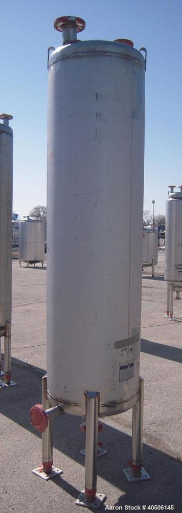 Unused- Mueller Pressure Tank, 150 Gallon, Model "F", 304L Stainless steel, Vertical. 23 1/2" diameter x 80" straight side, dished top and bottom. Internal rated 20 psi at 150 deg.f., and -20 deg.f. ...
