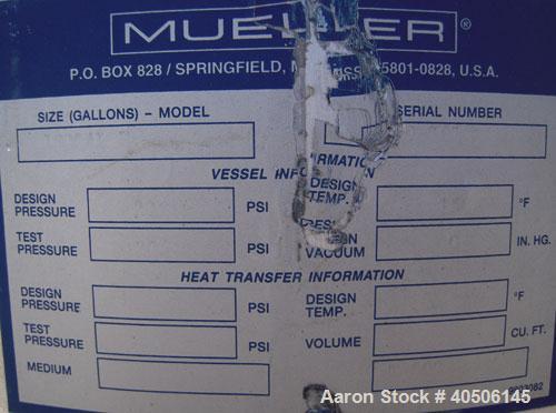 Unused- Mueller Pressure Tank, 150 Gallon, Model "F", 304L Stainless steel, Vertical. 23 1/2" diameter x 80" straight side, ...