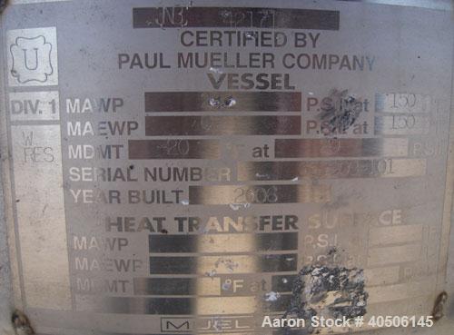 Unused- Mueller Pressure Tank, 150 Gallon, Model "F", 304L Stainless steel, Vertical. 23 1/2" diameter x 80" straight side, ...