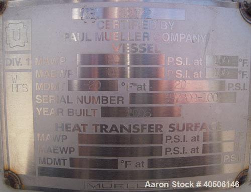 Unused- Mueller Pressure Tank, 150 Gallon, Model "F", 304L Stainless steel, Vertical. 23 1/2" diameter x 80" straight side, dished top and bottom. Internal rated 20 psi at 150 deg.f., and -20 deg.f. ...