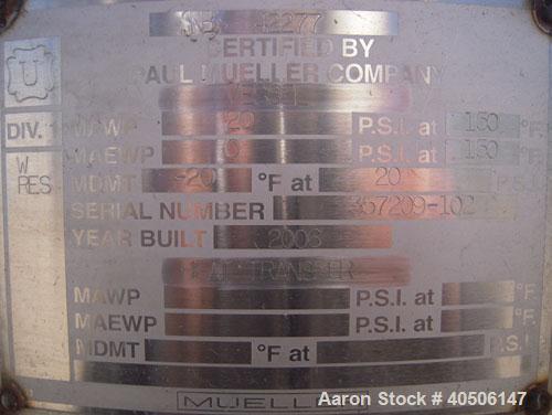 Unused- Mueller Pressure Tank, 150 Gallon, Model "F", 304L Stainless steel, Vertical. 23 1/2" diameter x 80" straight side, dished top and bottom. Internal rated 20 psi at 150 deg.f., and -20 deg.f. ...