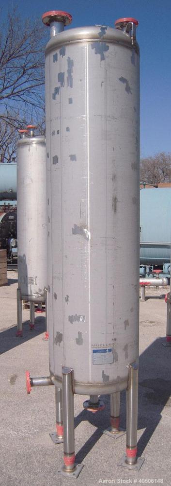 Unused- Mueller Pressure Tank, 150 Gallon, Model "F", 304L Stainless steel, Vertical. 23 1/2" diameter x 80" straight side, dished top and bottom. Internal rated 20 psi at 150 deg.f., and -20 deg.f. ...