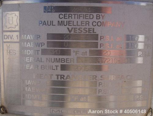 Unused- Mueller Pressure Tank, 150 Gallon, Model "F", 304L Stainless steel, Vertical. 23 1/2" diameter x 80" straight side, dished top and bottom. Internal rated 20 psi at 150 deg.f., and -20 deg.f. ...