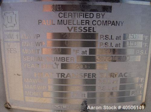 Unused- Mueller Pressure Tank, 150 Gallon, Model "F", 304L Stainless steel, Vertical. 23 1/2" diameter x 80" straight side, dished top and bottom. Internal rated 20 psi at 150 deg.f., and -20 deg.f. ...