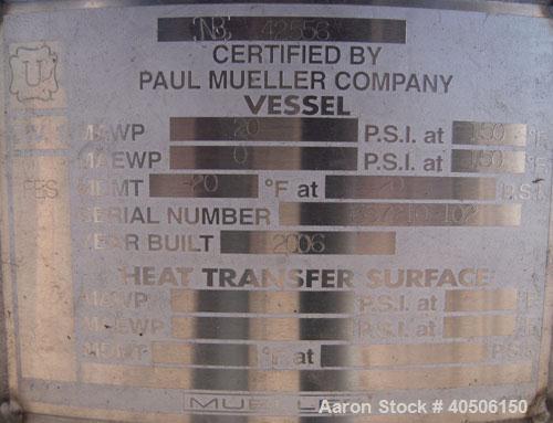 Unused- Mueller Pressure Tank, 150 Gallon, Model "F", 304L stainless steel, vertical. 23 1/2" diameter x 80" straight side, dished top and bottom. Internal rated 20 psi at 150 deg F, and -20 deg F at...