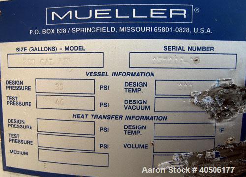 Unused- Mueller Flash Drum Pressure Tank, 200 gallon, model "F", 304L stainless steel, vertical. 24'' diameter x 138'' straight side, dished bolt on top, dished bottom. Internal rated 35 psi at 300 d...