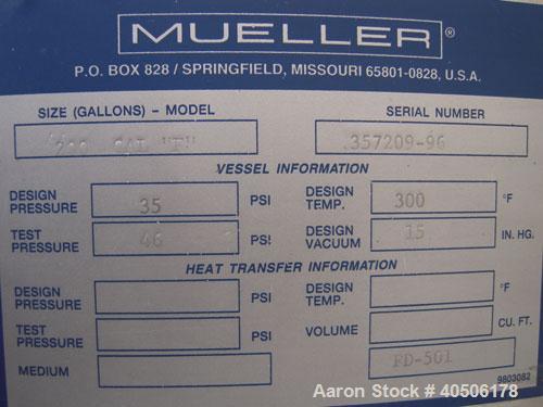 Unused- Mueller Flash Drum Pressure Tank, 200 gallon, model "F", 304L stainless steel, vertical. 24'' diameter x 138'' straight side, dished bolt on top, dished bottom. Internal rated 35 psi at 300 d...