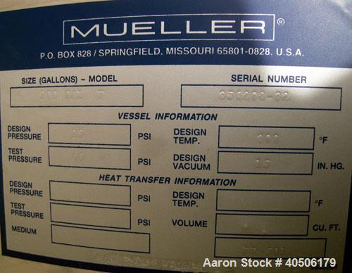 Unused- Mueller Flash Drum Pressure Tank, 200 gallon, model "F", 304L stainless steel, vertical. 24" diameter x 138" straight side, dished bolt on top, dished bottom. Internal rated 35 psi at 300 deg...