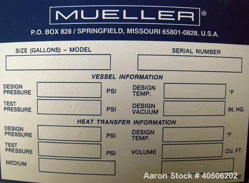 Unused- Mueller Flash Drum Pressure Tank, 200 gallon, model "F", 304L stainless steel, vertical. 24'' diameter x 138'' straight side, dished bolt on top, dished bottom. Internal rated 35 psi at 300 d...