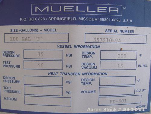Unused- Mueller Flash Drum Pressure Tank, 200 gallon, model "F", 304L stainless steel, vertical. 24" diameter x 138" straight side, dished bolt on top, dished bottom. Internal rated 35 psi at 300 deg...