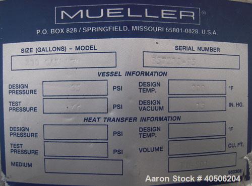 Unused- Mueller Flash Drum Pressure Tank, 200 gallon, model "F", 304L stainless steel, vertical. 24" diameter x 138" straight side, dished bolt on top, dished bottom. Internal rated 35 psi at 300 deg...