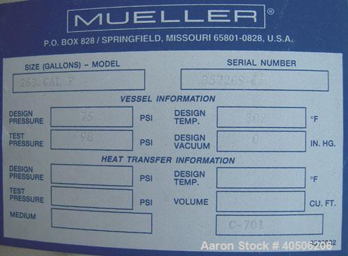 Unused- Mueller Pressure Tank, 263 Gallon, Model "F", 304L Stainless Steel, Vertical. 24" diameter x 138" straight side, dished bolt on top with davit arm, dished bottom. Internal rated 75 psi at 302...