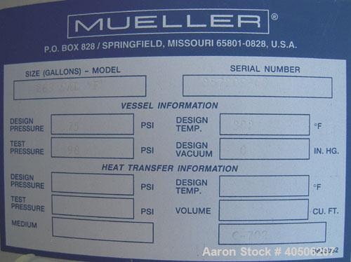 Unused- Mueller Pressure Tank, 263 Gallon, model "F", 304L stainless steel, vertical. 24" diameter x 138" straight side, dished bolt on top with davit arm, dished bottom. Internal rated 75 psi at 302...