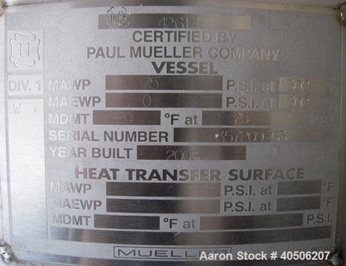 Unused- Mueller Pressure Tank, 263 Gallon, model "F", 304L stainless steel, vertical. 24" diameter x 138" straight side, dished bolt on top with davit arm, dished bottom. Internal rated 75 psi at 302...