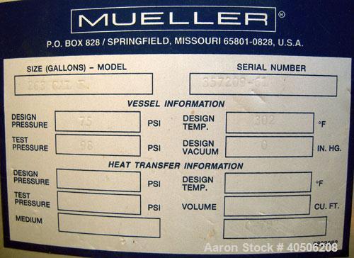 Unused- Mueller Pressure Tank, 263 Gallon, model "F", 304L stainless steel, vertical. 24" diameter x 138" straight side, dished bolt on top with davit arm, dished bottom. Internal rated 75 psi at 302...