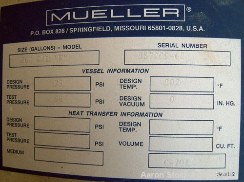 Unused- Mueller Pressure Tank, 263 Gallon, model "F", 304L stainless steel,  vertical. 24" diameter x 138" straight side, dished bolt on top with davit arm, dished bottom. Internal rated 75 psi at 30...