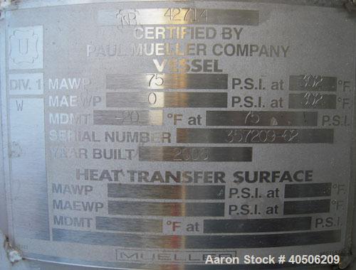 Unused- Mueller Pressure Tank, 263 Gallon, model "F", 304L stainless steel,  vertical. 24" diameter x 138" straight side, dished bolt on top with davit arm, dished bottom. Internal rated 75 psi at 30...