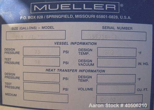 Unused- Mueller Pressure Tank, 263 Gallon, model "F", 304L stainless steel, vertical. 24" diameter x 138" straight side, dished bolt on top with davit arm, dished bottom. Internal rated 75 psi at 302...