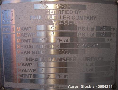 Unused- Mueller Pressure Tank, 263 Gallon, model "F", 304L stainless steel, vertical. 24" diameter x 138" straight side, dished bolt on top with davit arm, dished bottom. Internal rated 75 psi at 302...