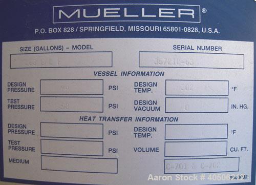 Unused- Mueller Pressure Tank, 263 Gallon, model "F", 304L stainless steel, vertical. 24" diameter x 138" straight side, dished bolt on top with davit arm, dished bottom. Internal rated 75 psi at 302...
