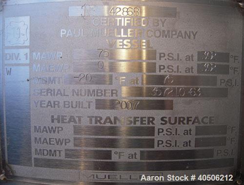 Unused- Mueller Pressure Tank, 263 Gallon, model "F", 304L stainless steel, vertical. 24" diameter x 138" straight side, dished bolt on top with davit arm, dished bottom. Internal rated 75 psi at 302...