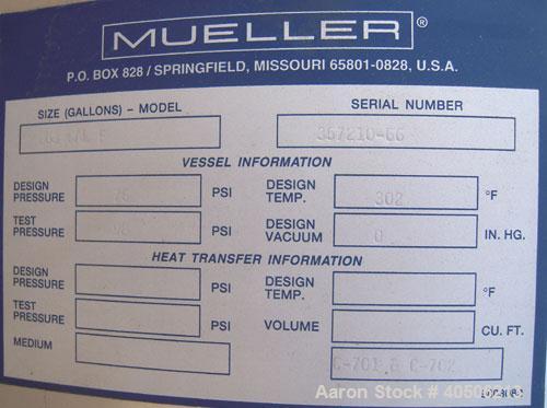 Unused- Mueller Pressure Tank, 263 Gallon, model "F", 304L stainless steel, vertical. 24" diameter x 138" straight side, dished bolt on top with davit arm, dished bottom. Internal rated 75 psi at 302...