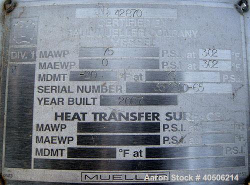 Unused- Mueller Pressure Tank, 263 Gallon, model "F", 304L stainless steel, vertical. 24" diameter x 138" straight side, dished bolt on top with davit arm, dished bottom. Internal rated 75 psi at 302...