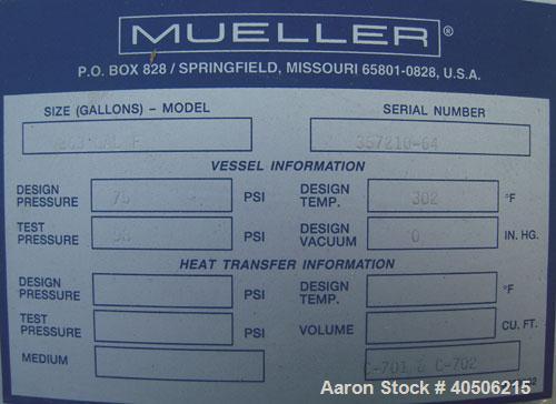 Unused- Mueller Pressure Tank, 263 Gallon, model "F", 304L stainless steel, vertical. 24" diameter x 138" straight side, dished bolt on top with davit arm, dished bottom. Internal rated 75 psi at 302...