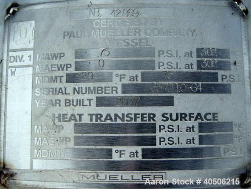 Unused- Mueller Pressure Tank, 263 Gallon, model "F", 304L stainless steel, vertical. 24" diameter x 138" straight side, dished bolt on top with davit arm, dished bottom. Internal rated 75 psi at 302...