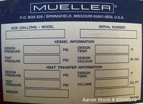 Unused- Mueller Pressure Tank, 263 Gallon, model "F", 304L stainless steel, vertical. 24" diameter x 138" straight side, dished bolt on top with davit arm, dished bottom. Internal rated 75 psi at 302...