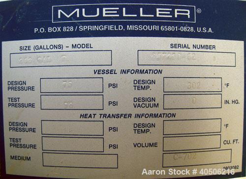 Unused- Mueller Pressure Tank, 263 Gallon, model "F", 304L stainless steel, vertical. 24" diameter x 138" straight side, dis...