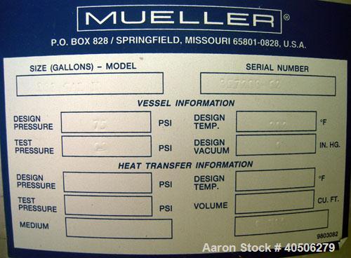 Unused- Mueller Pressure Tank, 263 Gallon, Model "F", 304L Stainless Steel, Vertical. 24" diameter x 138" straight side, dished bolt on top with davit arm, dished bottom. Internal rated 75 psi at 302...