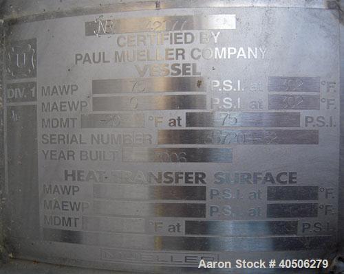 Unused- Mueller Pressure Tank, 263 Gallon, Model "F", 304L Stainless Steel, Vertical. 24" diameter x 138" straight side, dished bolt on top with davit arm, dished bottom. Internal rated 75 psi at 302...