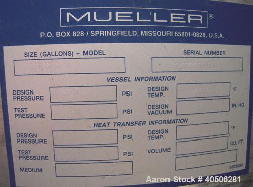Unused- Mueller Pressure Tank, 263 Gallon, Model "F", 304L Stainless Steel, Vertical. 24" diameter x 138" straight side, dished bolt on top with davit arm, dished bottom. Internal rated 75 psi at 302...
