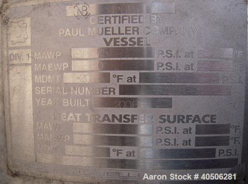 Unused- Mueller Pressure Tank, 263 Gallon, Model "F", 304L Stainless Steel, Vertical. 24" diameter x 138" straight side, dished bolt on top with davit arm, dished bottom. Internal rated 75 psi at 302...