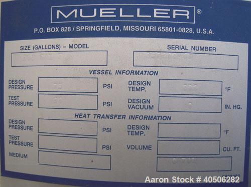 Unused- Mueller Pressure Tank, 263 Gallon, Model "F", 304L Stainless Steel, Vertical. 24" diameter x 138" straight side, dished bolt on top with davit arm, dished bottom. Internal rated 75 psi at 302...