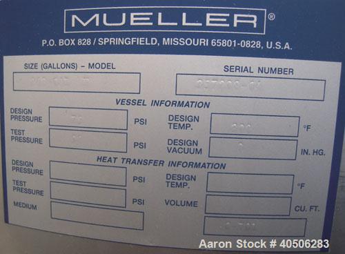 Unused- Mueller Pressure Tank, 263 Gallon, Model "F", 304L Stainless Steel, Vertical. 24" diameter x 138" straight side, dished bolt on top with davit arm, dished bottom. Internal rated 75 psi at 302...