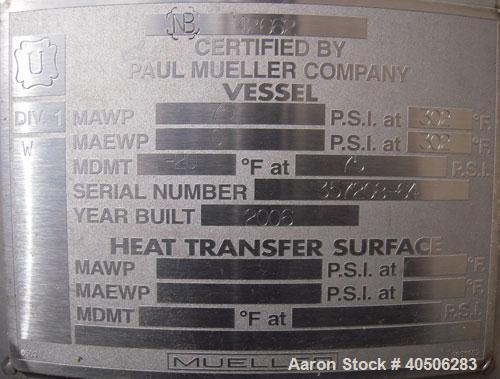 Unused- Mueller Pressure Tank, 263 Gallon, Model "F", 304L Stainless Steel, Vertical. 24" diameter x 138" straight side, dished bolt on top with davit arm, dished bottom. Internal rated 75 psi at 302...