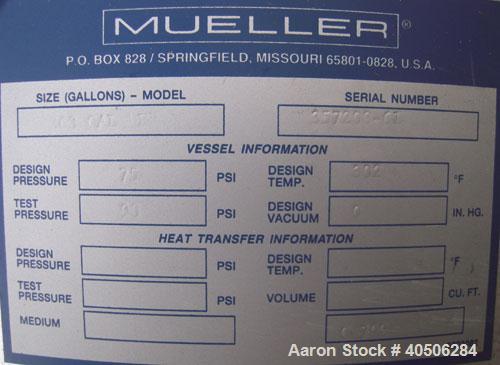 Unused- Mueller Pressure Tank, 263 Gallon, Model "F", 304L Stainless Steel, Vertical. 24" diameter x 138" straight side, dished bolt on top with davit arm, dished bottom. Internal rated 75 psi at 302...