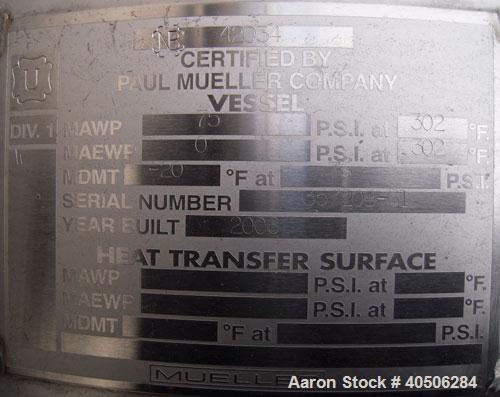 Unused- Mueller Pressure Tank, 263 Gallon, Model "F", 304L Stainless Steel, Vertical. 24" diameter x 138" straight side, dished bolt on top with davit arm, dished bottom. Internal rated 75 psi at 302...